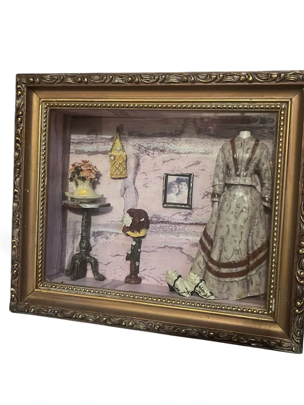 Gold Framed Shadow Box Picture Frame with Cream Dress Display